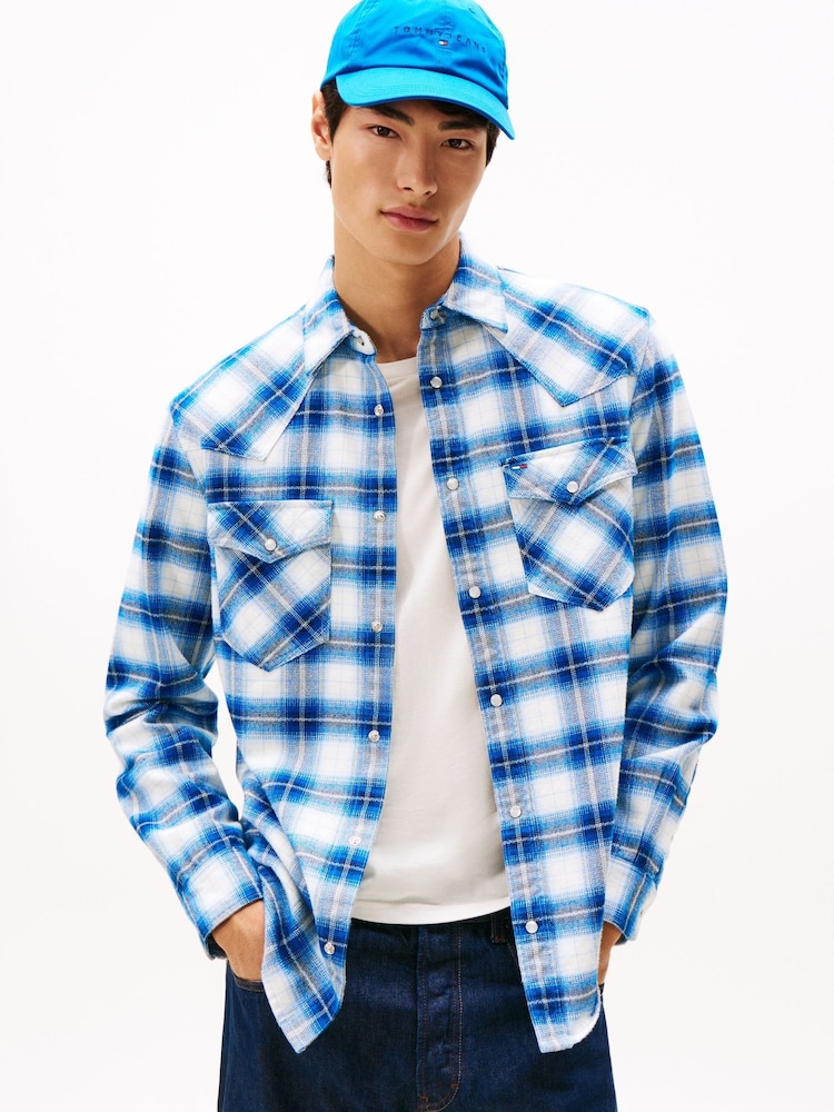 Tommy Jeans Blue Regular Fit Flannel Check Western Shirt - Image 1 of 5 Tommy Jeans Blue Regular Fit Flannel Check Western Shirt - Image 1 of 5