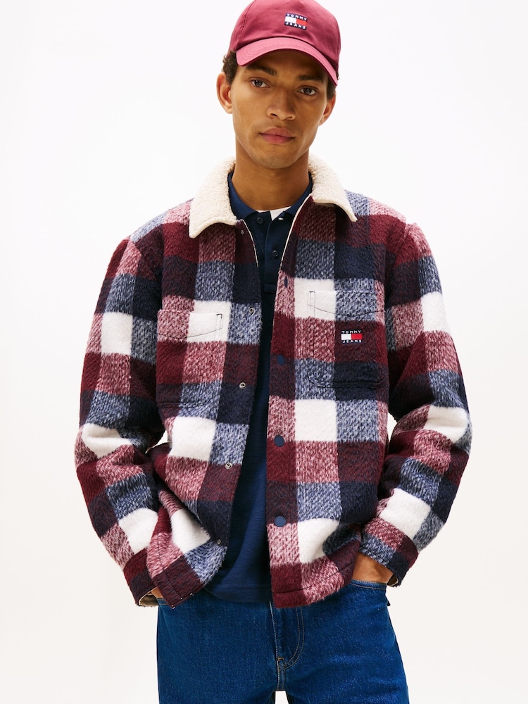 Tommy Jeans Red Oversized Fit Check Teddy Collar Overshirt - Image 1 of 5 Tommy Jeans Red Oversized Fit Check Teddy Collar Overshirt - Image 1 of 5