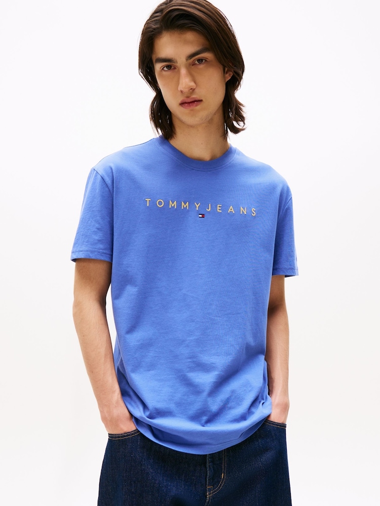 Tommy Jeans Blue Linear Logo Embroidery Crew Neck T-Shirt - Image 1 of 5