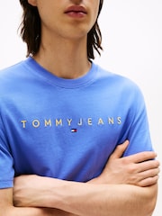 Tommy Jeans Blue Linear Logo Embroidery Crew Neck T-Shirt - Image 4 of 5