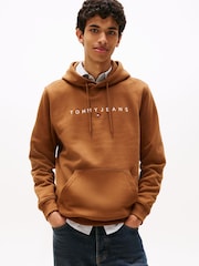 Tommy Jeans Brown Linear Logo Embroidery Kangaroo Pocket Hoodie - Image 1 of 5