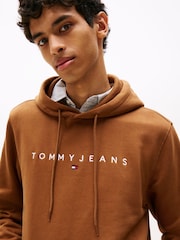 Tommy Jeans Brown Linear Logo Embroidery Kangaroo Pocket Hoodie - Image 4 of 5