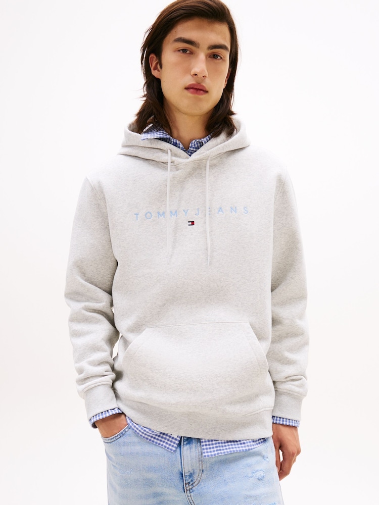 Tommy Jeans White Linear Logo Embroidery Kangaroo Pocket Hoodie - Image 1 of 5