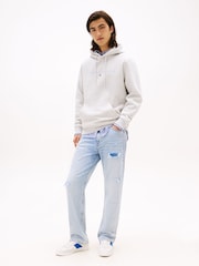 Tommy Jeans White Linear Logo Embroidery Kangaroo Pocket Hoodie - Image 3 of 5