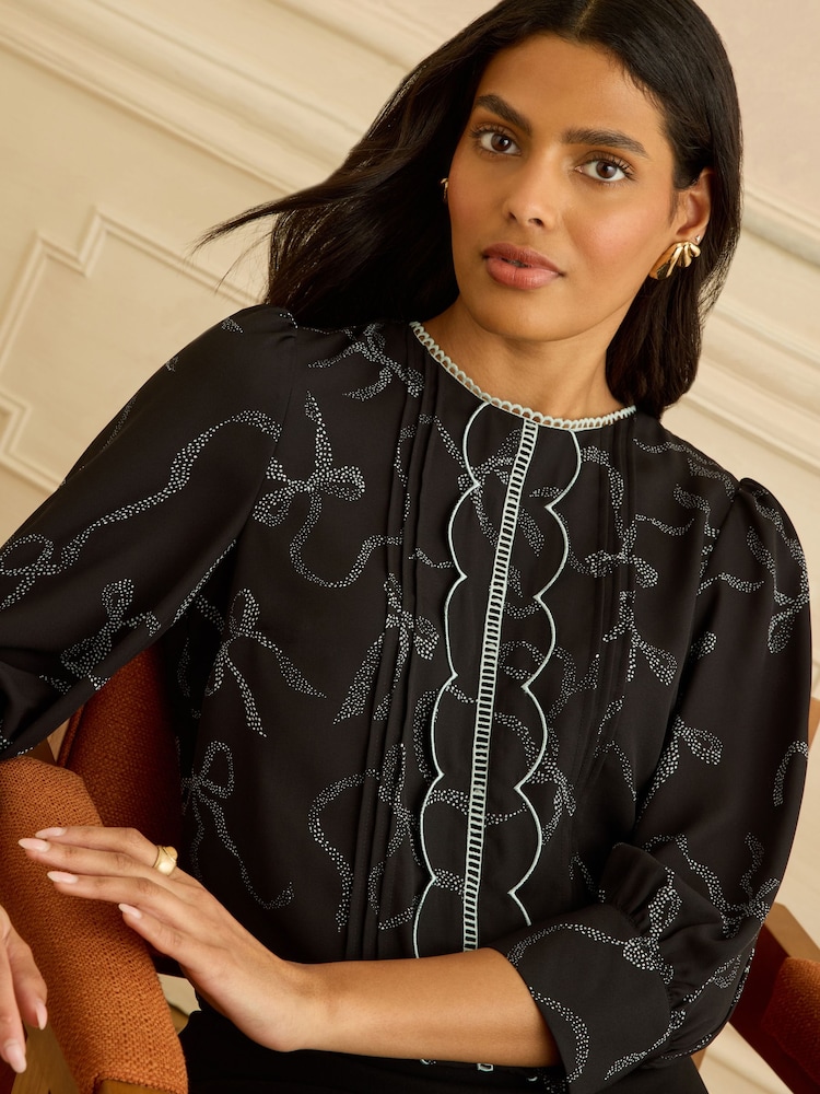 Love & Roses Black Bow 3/4 Sleeve Scallop Detail Blouse - Image 2 of 4 Love & Roses Black Bow 3/4 Sleeve Scallop Detail Blouse - Image 2 of 4