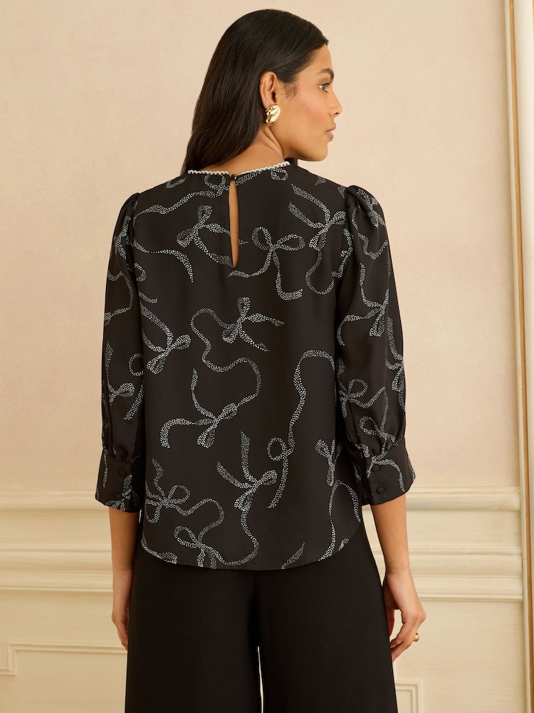Love & Roses Black Bow 3/4 Sleeve Scallop Detail Blouse - Image 4 of 4 Love & Roses Black Bow 3/4 Sleeve Scallop Detail Blouse - Image 4 of 4