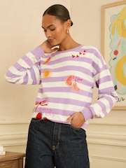 Love & Roses Lilac Purple Stripe Embroidered Sweat Top - Image 1 of 4