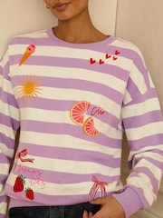 Love & Roses Lilac Purple Stripe Embroidered Sweat Top - Image 2 of 4
