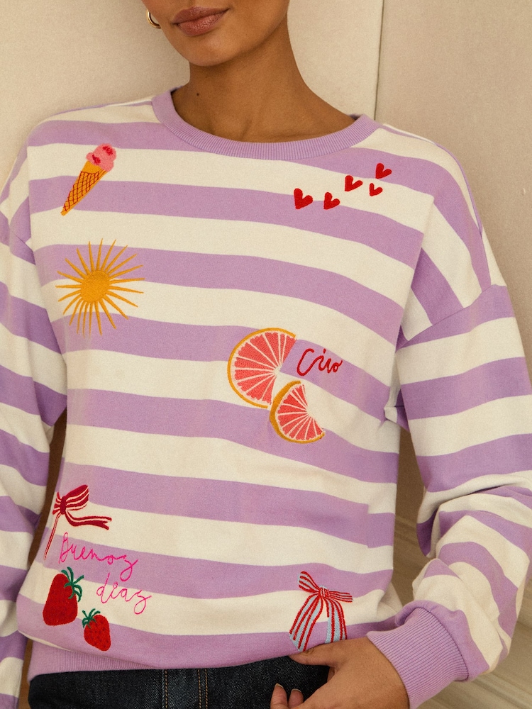 Love & Roses Lilac Purple Stripe Embroidered Sweat Top - Image 2 of 4 Love & Roses Lilac Purple Stripe Embroidered Sweat Top - Image 2 of 4
