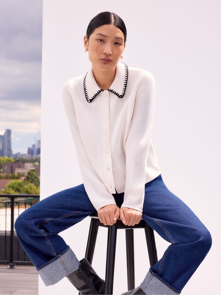 Ro&Zo White Ivory Contrast Stitch Cardigan - Image 1 of 5
