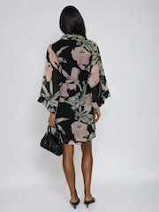 Religion Black Anja Tunic In Soft Floral On Black Georgette With Tie Belt And Pockets - Image 2 of 5