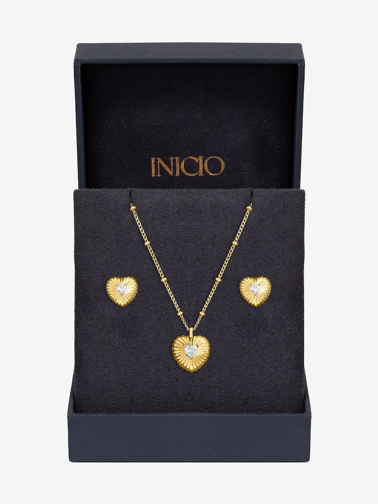 Inicio Gold Cubic Zirconia Ridged Heart Set Gift Box - Image 1 of 5 Inicio Gold Cubic Zirconia Ridged Heart Set Gift Box - Image 1 of 5