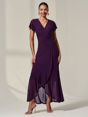 Jolie Moi Purple Plain Wrap Mesh Maxi Dress - Image 1 of 6