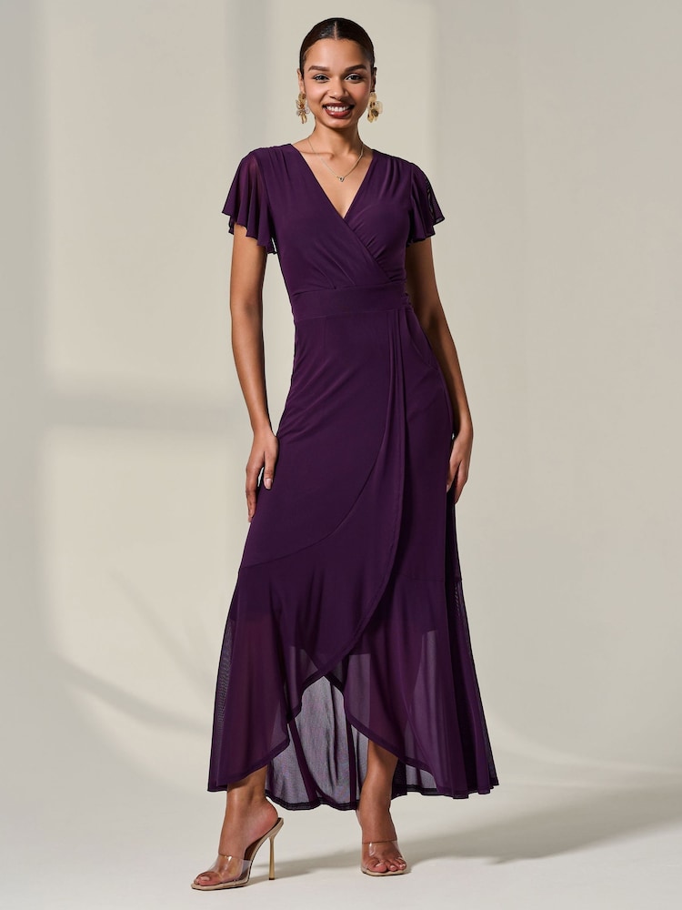 Jolie Moi Purple Plain Wrap Mesh Maxi Dress - Image 1 of 6