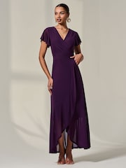 Jolie Moi Purple Plain Wrap Mesh Maxi Dress - Image 4 of 6