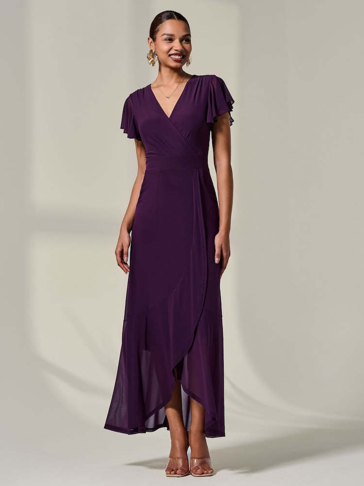 Jolie Moi Purple Plain Wrap Mesh Maxi Dress - Image 6 of 6