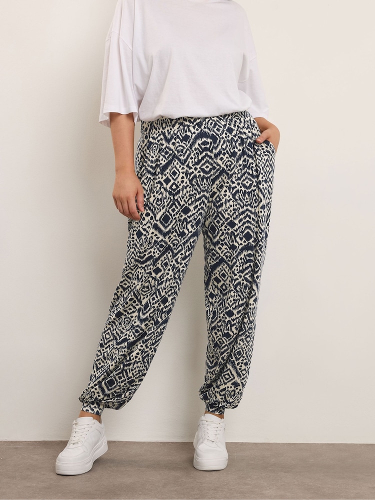 Yours Curve Blue Abstract Print Trousers - Image 1 of 5 Yours Curve Blue Abstract Print Trousers - Image 1 of 5