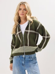 PixieGirl Petite Brown Check Zip Thru Sweattop - Image 1 of 5