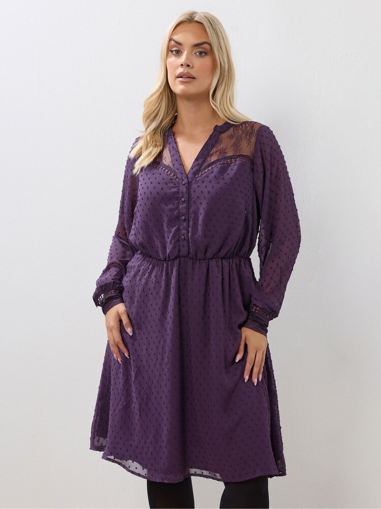 Yours Curve Purple Lace Dobby Mesh Dress - Image 1 of 5