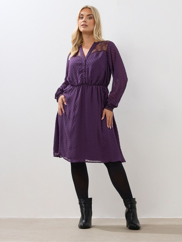 Yours Curve Purple Lace Dobby Mesh Dress - Image 2 of 5