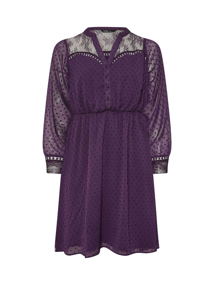 Yours Curve Purple Lace Dobby Mesh Dress - Image 5 of 5