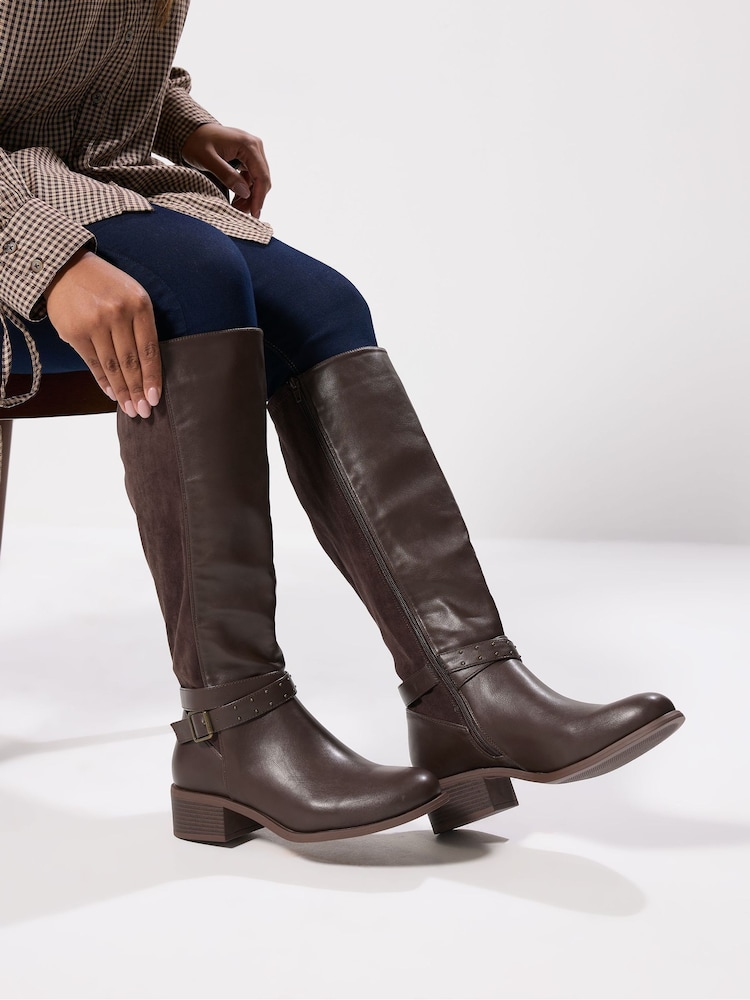 Yours Curve Brown Extra-Wide Fit Block Metal Strap Boots - Image 1 of 5 Yours Curve Brown Extra-Wide Fit Block Metal Strap Boots - Image 1 of 5