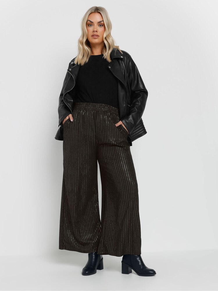 Yours Curve Black Foil Wide Leg Trousers - Image 2 of 5 Yours Curve Black Foil Wide Leg Trousers - Image 2 of 5