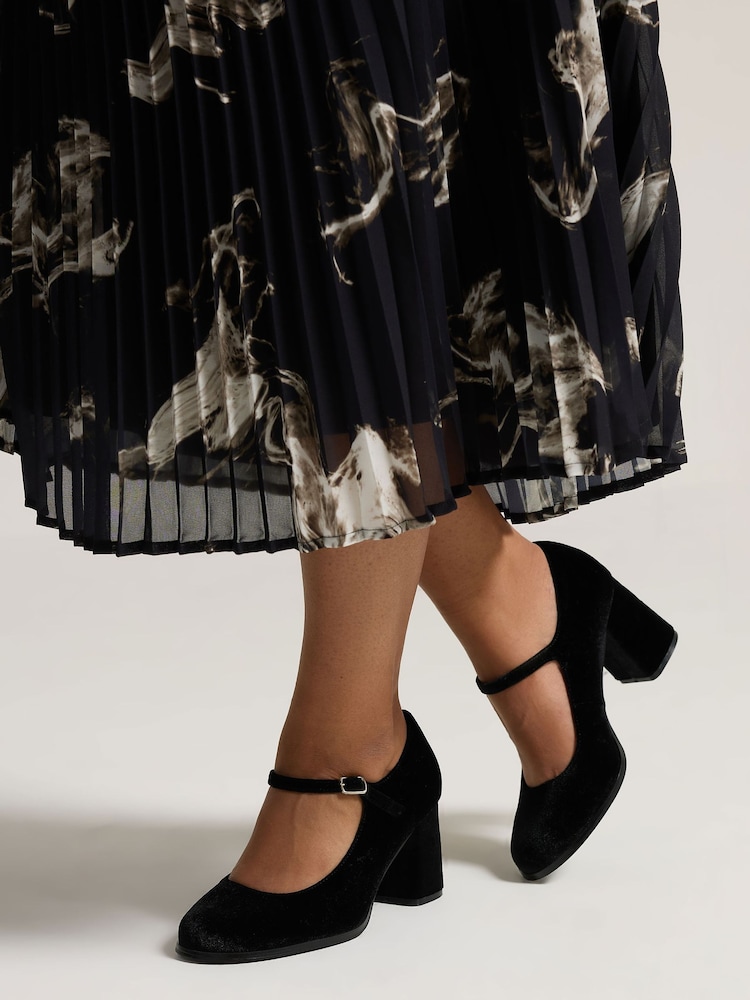 Yours Curve Black Extra Wide Fit Velvet Mary Jane Shoes - Image 1 of 5