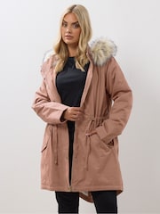 Yours Curve Pink Fur Trim Parka Coat - Image 1 of 8