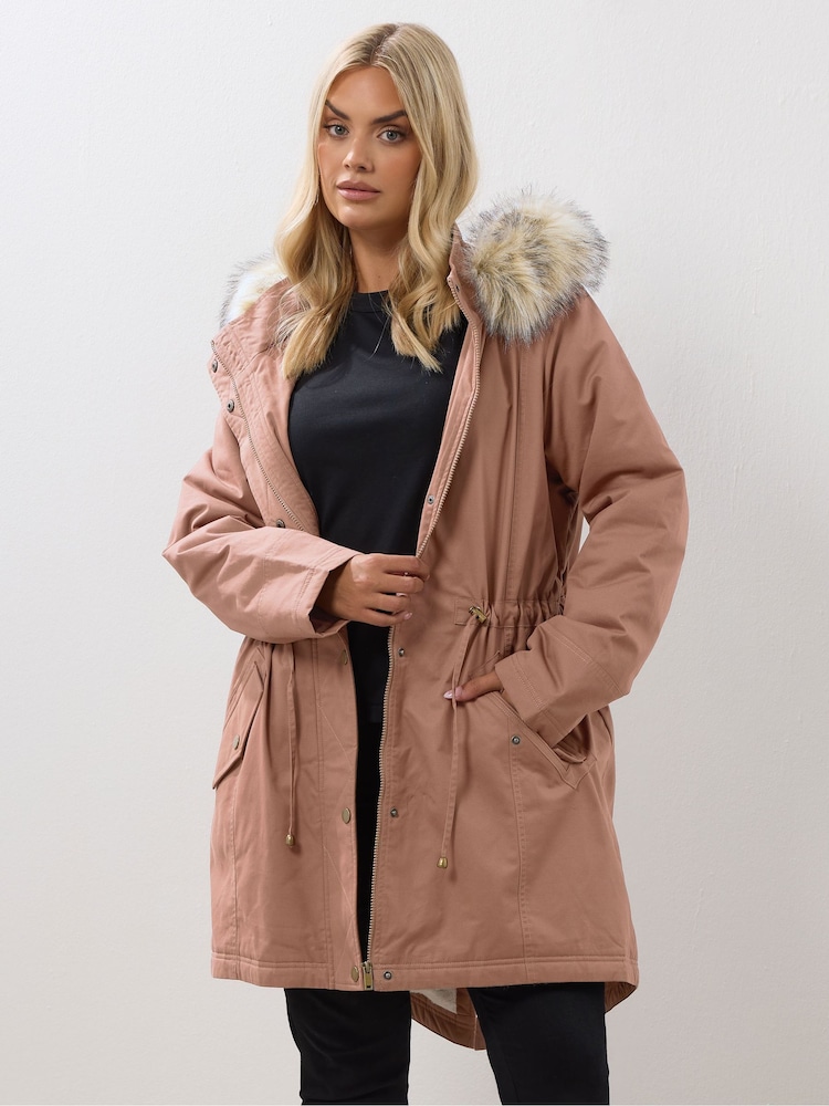 Yours Curve Pink Fur Trim Parka Coat - Image 1 of 8
