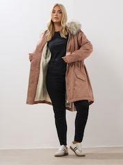 Yours Curve Pink Fur Trim Parka Coat - Image 3 of 8