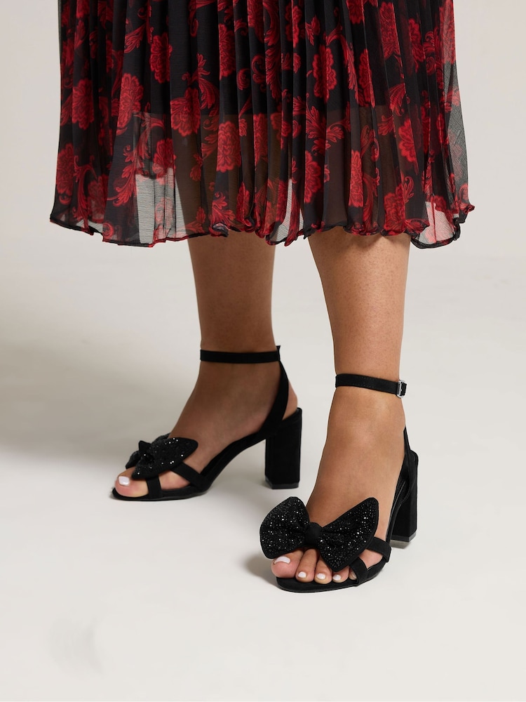 Yours Curve Black Extra Wide Fit Diamante Bow Sandals - Image 1 of 5