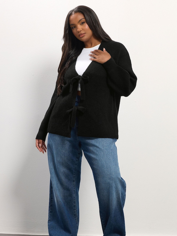 Yours Curve Black Double Tie Cardigan - Image 2 of 5