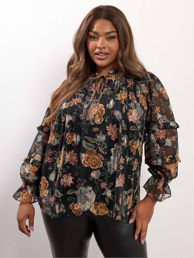 Yours Curve Black Party Metallic Tie Neck Blouse - Image 1 of 6