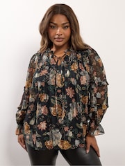 Yours Curve Black Party Metallic Tie Neck Blouse - Image 2 of 6
