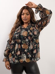 Yours Curve Black Party Metallic Tie Neck Blouse - Image 3 of 6