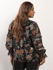 Yours Curve Black Party Metallic Tie Neck Blouse - Image 5 of 6