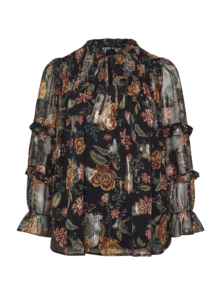 Yours Curve Black Party Metallic Tie Neck Blouse - Image 6 of 6