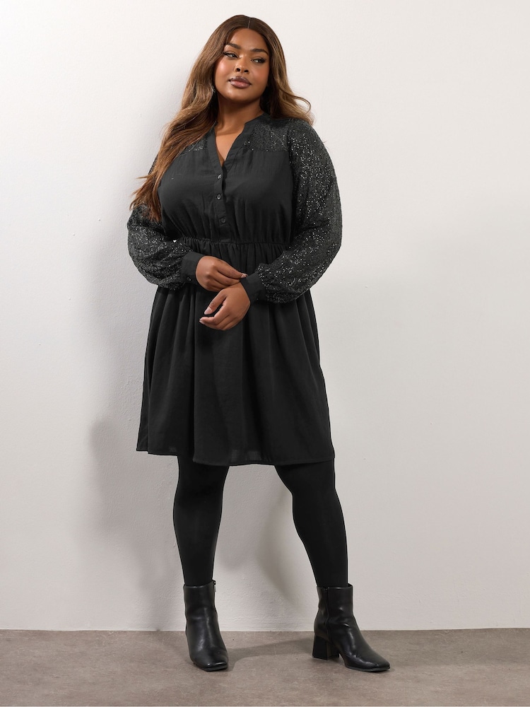 Yours Curve Black Party Sequin Notchneck Dress - Image 1 of 5