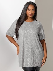 Yours Curve Silver London Sequin T-Shirt - Image 1 of 5