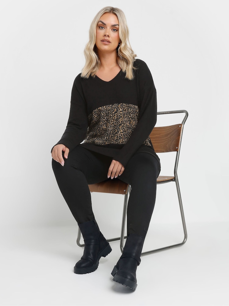 Yours Curve Black Leopard Print Colourblock Jumper - Image 2 of 5 Yours Curve Black Leopard Print Colourblock Jumper - Image 2 of 5