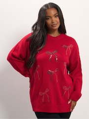 Yours Curve Red Novelty Bow Jumper - Image 1 of 5