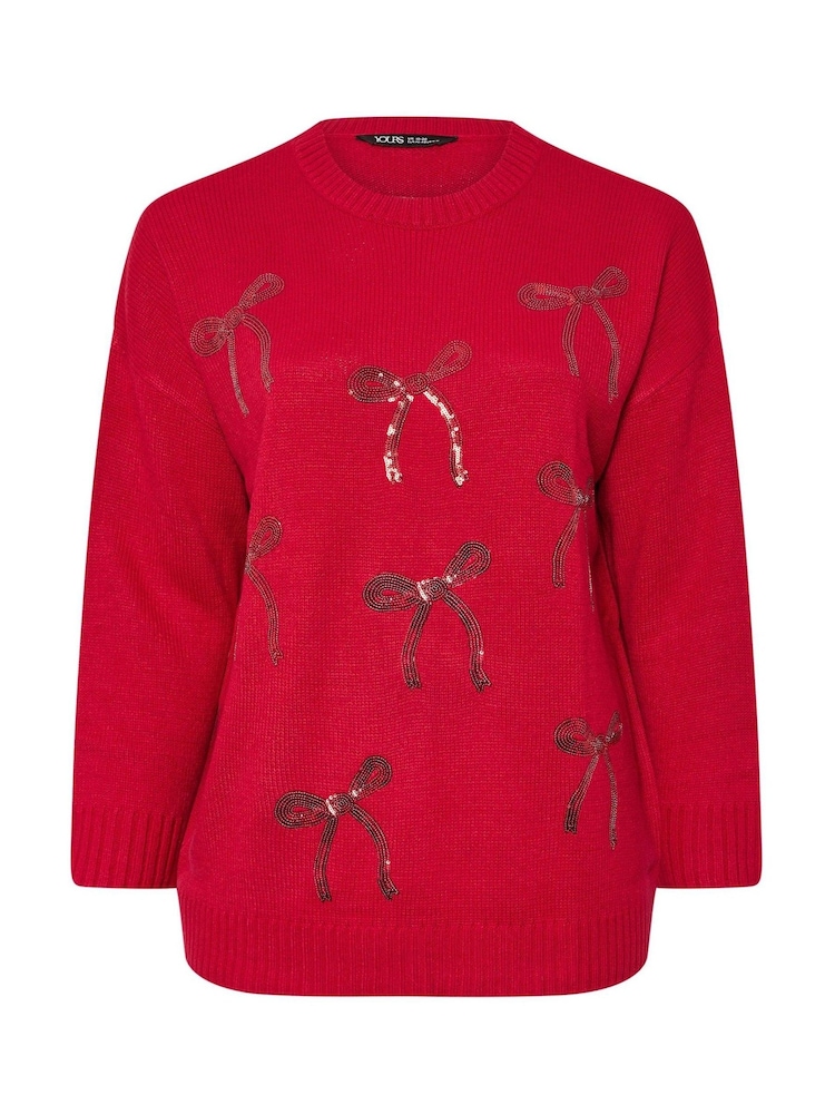 Yours Curve Red Novelty Bow Jumper - Image 5 of 5
