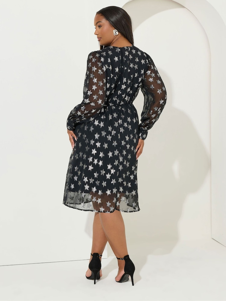 Yours Curve Black Party Star Metallic Dress - Image 2 of 5