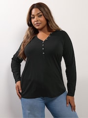 Preto - Yours Curve Open Neckline Henley Top - Imagem 1 de 5