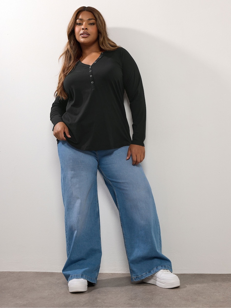 Preto - Yours Curve Open Neckline Henley Top - Imagem 2 de 5