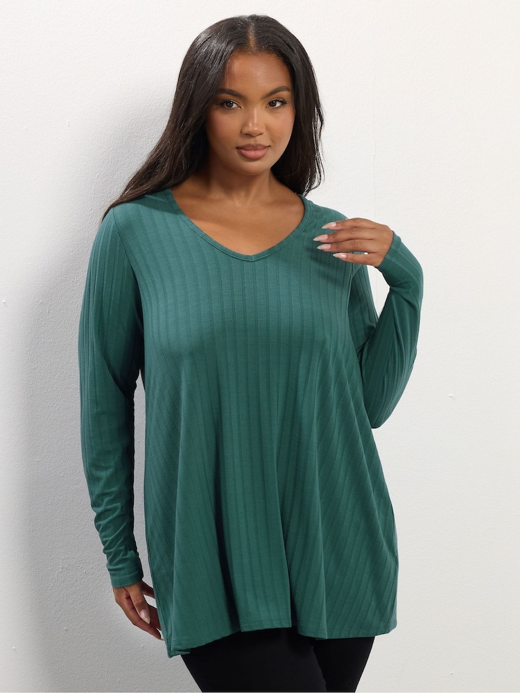 Yours Curve Blue Long Sleeve Ribbed Swing T-Shirt - Image 1 of 5