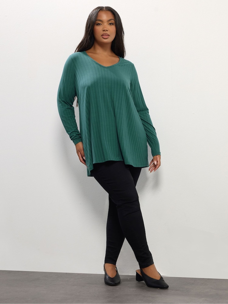 Yours Curve Blue Long Sleeve Ribbed Swing T-Shirt - Image 2 of 5