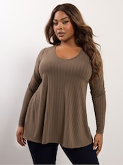 Yours Curve Brown Long Sleeve Ribbed Swing T-Shirt - Image 1 of 4