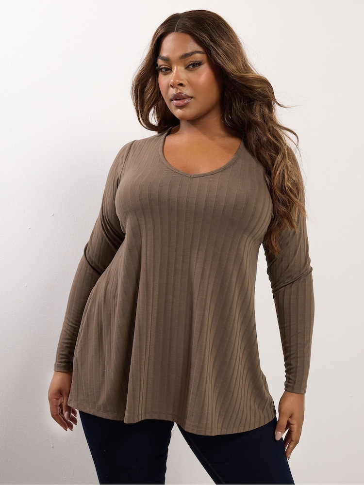 Yours Curve Brown Long Sleeve Ribbed Swing T-Shirt - Image 1 of 4